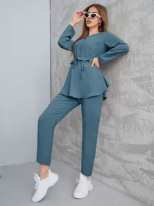 Mulvari 素色荷葉邊腰帶上衣和直筒褲 - 水鴨藍 - 查看 1