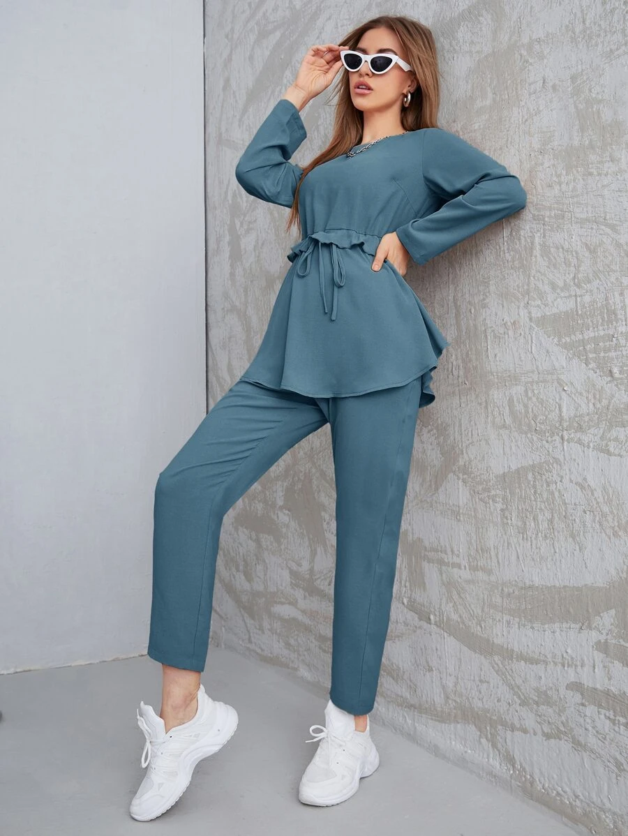 Mulvari 素色荷葉邊腰帶上衣和直筒褲 - 水鴨藍 - 查看 1