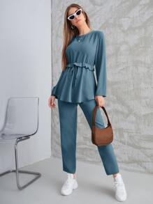 Mulvari 素色荷葉邊腰帶上衣和直筒褲 - 水鴨藍 - 查看 3