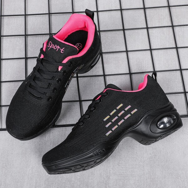

Knit Detail Letter Detail Lace-up Front Sneakers, Black