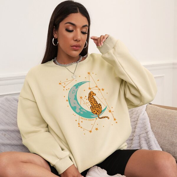 

Moon And Leopard Print Drop Shoulder Oversized Sweatshirt, Khaki