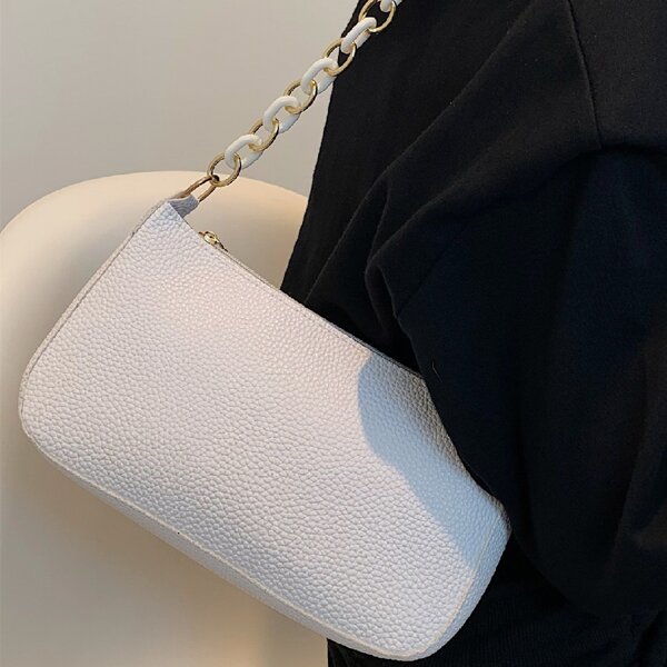 

Textured Chain Baguette Bag, White