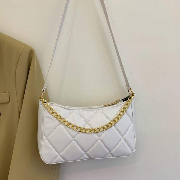 

Quilted Embossed Chain Satchel Bag, White