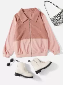 Plus Color Block Teddy Jacket - Dusty Pink - View 1