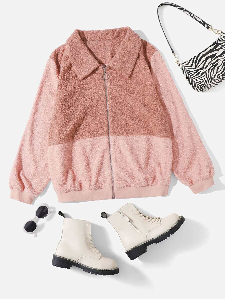 Plus Color Block Teddy Jacket - Dusty Pink - View 1