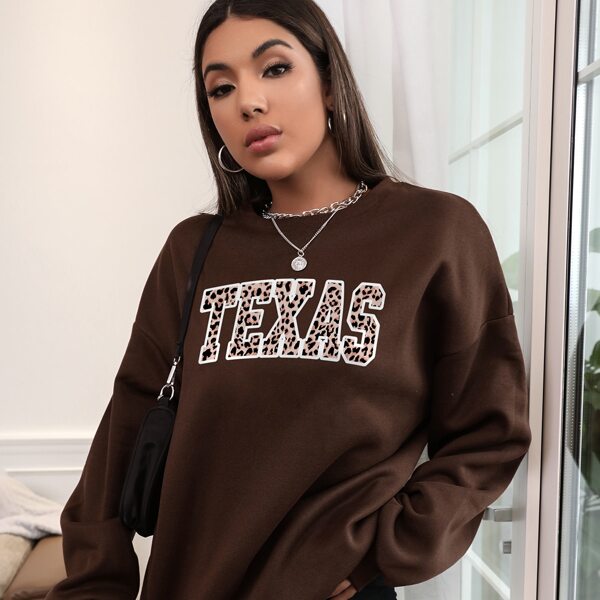 

Letter & Leopard Print Drop Shoulder Sweatshirt, Coffee brown