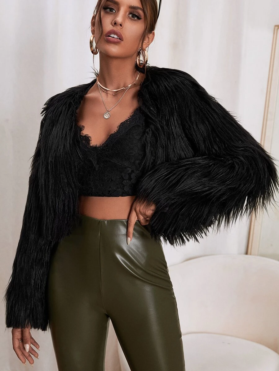 SHEIN Allurite 素色開門襟毛茸茸外套 - 黑色 - 查看 1