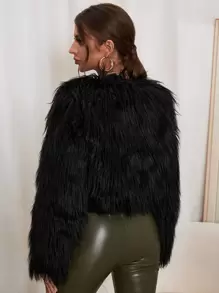 SHEIN Allurite 素色開門襟毛茸茸外套 - 黑色 - 查看 2