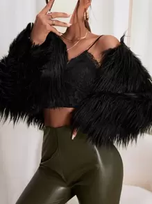 SHEIN Allurite 素色開門襟毛茸茸外套 - 黑色 - 查看 3