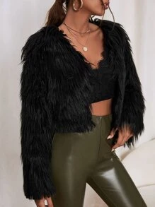 SHEIN Allurite 素色開門襟毛茸茸外套 - 黑色 - 查看 5