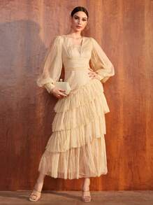 SHEIN Vestido de fiesta de manga farol bajo a capas de malla - Albaricoque - Ver 1