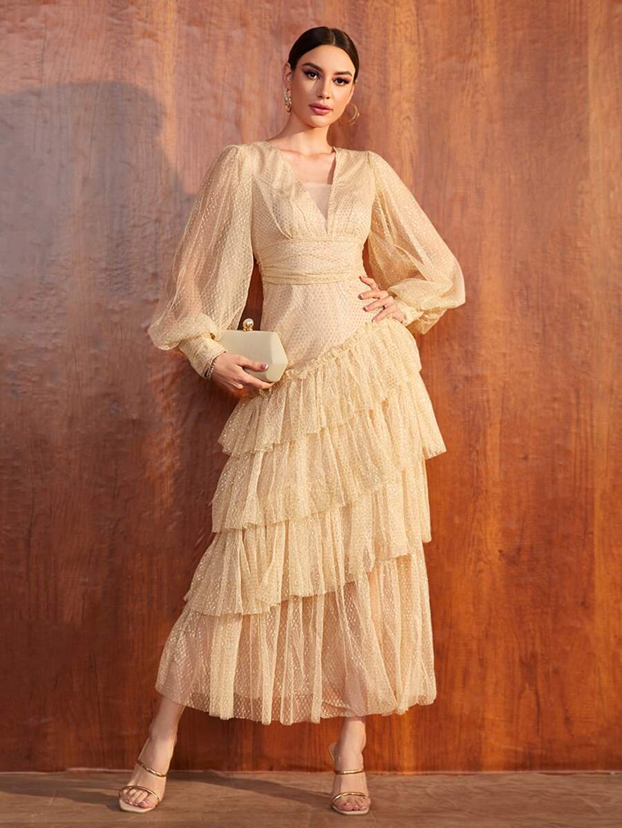 SHEIN Vestido de fiesta de manga farol bajo a capas de malla - Albaricoque - Ver 1