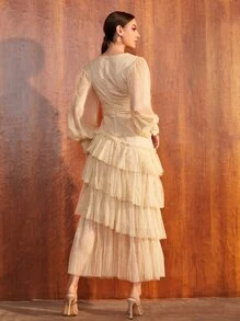 SHEIN Vestido de fiesta de manga farol bajo a capas de malla - Albaricoque - Ver 2