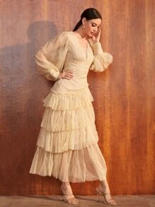 SHEIN Vestido de fiesta de manga farol bajo a capas de malla - Albaricoque - Ver 3