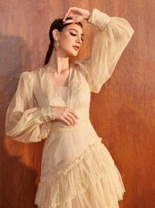 SHEIN Vestido de fiesta de manga farol bajo a capas de malla - Albaricoque - Ver 4