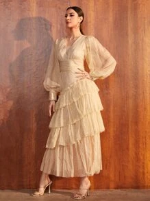 SHEIN Vestido de fiesta de manga farol bajo a capas de malla - Albaricoque - Ver 5