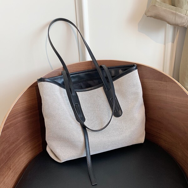 

Contrast Binding Canvas Tote Bag, Black