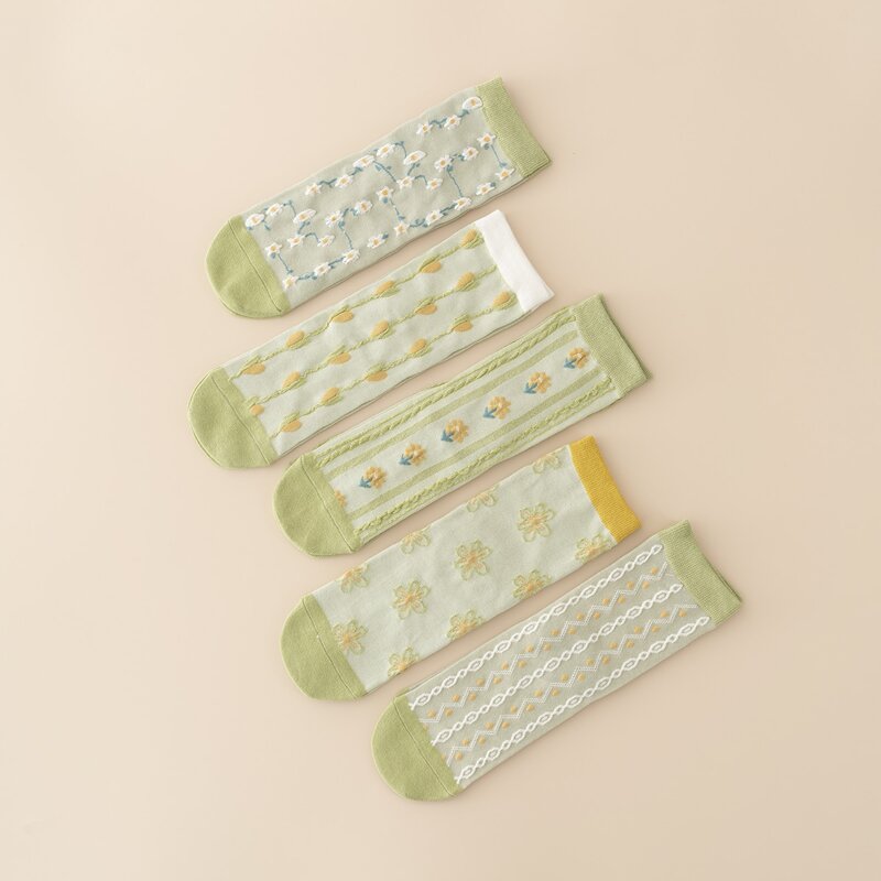 

5pairs Flower Pattern Crew Socks, Multicolor