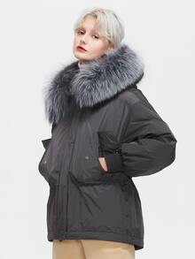 翻蓋口袋連帽派克大衣 - 深灰色 - 查看 4