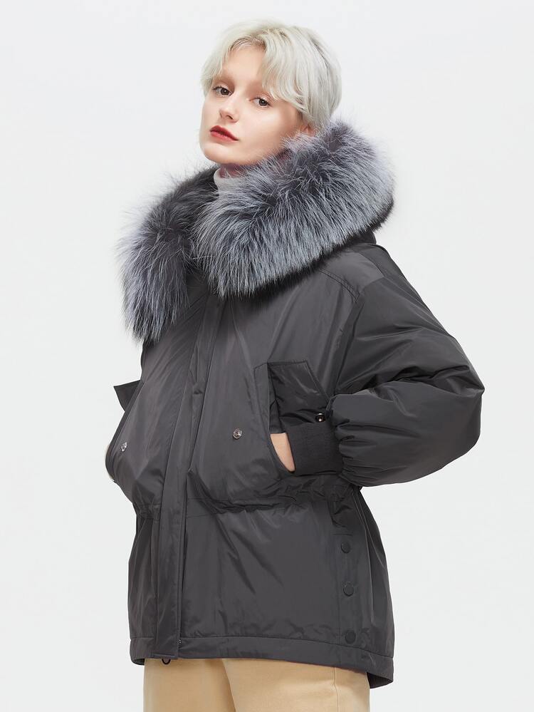 翻蓋口袋連帽派克大衣 - 深灰色 - 查看 4