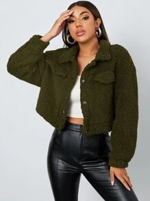 SHEIN Chamarra teddy corta con solapa - Verde militar - Ver 1