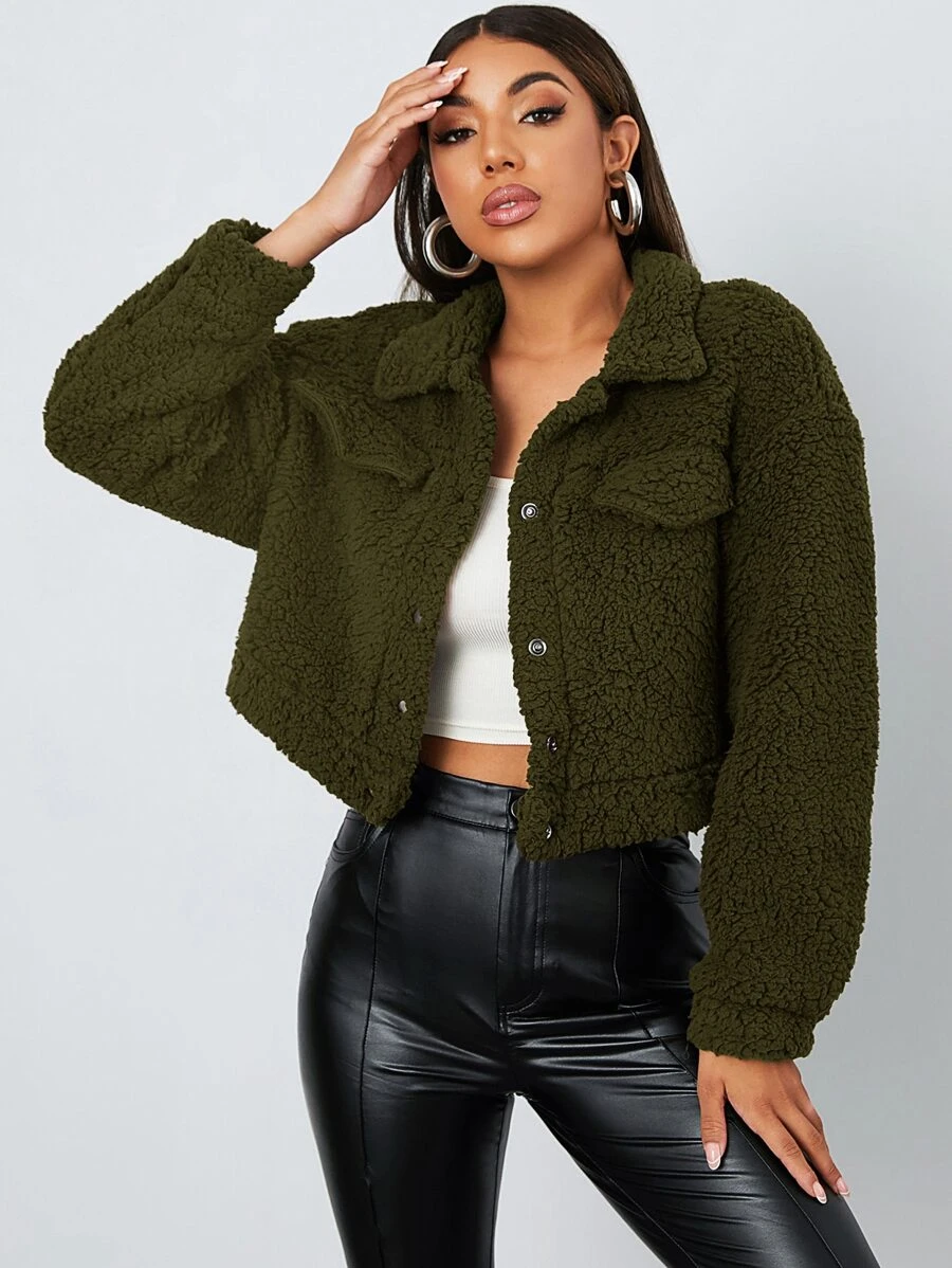 SHEIN Chamarra teddy corta con solapa - Verde militar - Ver 1