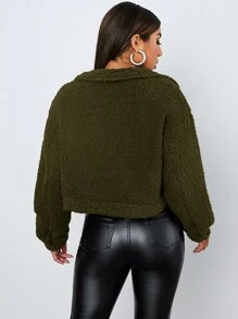 SHEIN Chamarra teddy corta con solapa - Verde militar - Ver 2