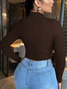 SHEIN Essnce 素色螺紋針織短款T恤 - 巧克力棕 - 查看 2