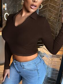 SHEIN Essnce 素色螺紋針織短款T恤 - 巧克力棕 - 查看 3