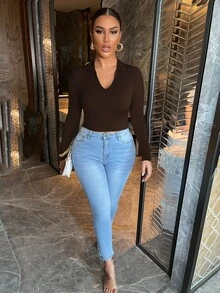 SHEIN Essnce 素色螺紋針織短款T恤 - 巧克力棕 - 查看 4