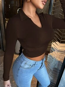 SHEIN Essnce 素色螺紋針織短款T恤 - 巧克力棕 - 查看 5