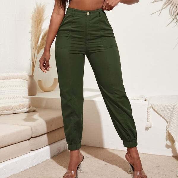 

High Waist Tapered Pants, Dark green