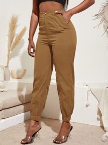 SHEIN SXY Quần nữ màu trơn Giải trí - Lạc đà - Xem 5