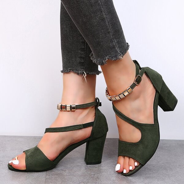 

Metallic Decor Ankle Strap Sandals, Army green