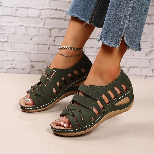 

Velcro Strap Hollow Out Design Wedge Sandals, Dark green