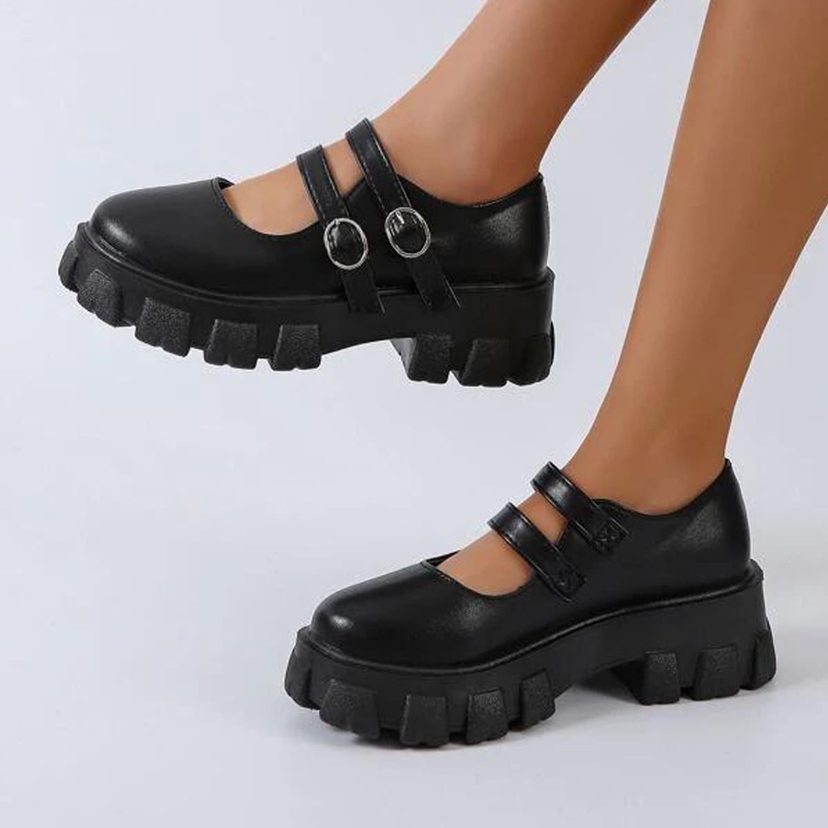 

Double Buckle Flatform Mary Janes, Black