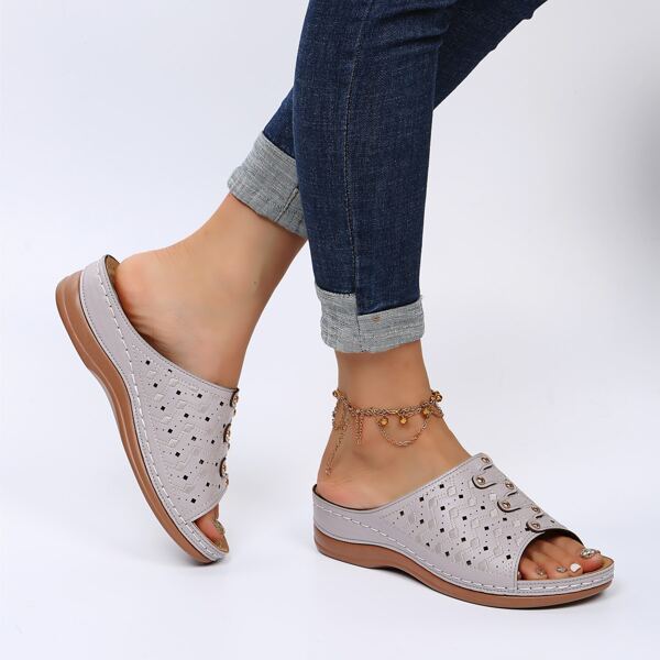 

Stitch Detail Studded Decor Wedge Sandals, Light grey