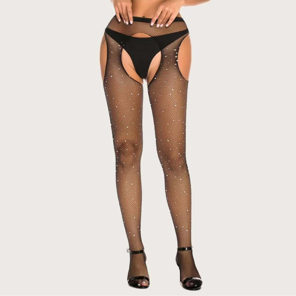 

1pair Rhinestone Tights, Black