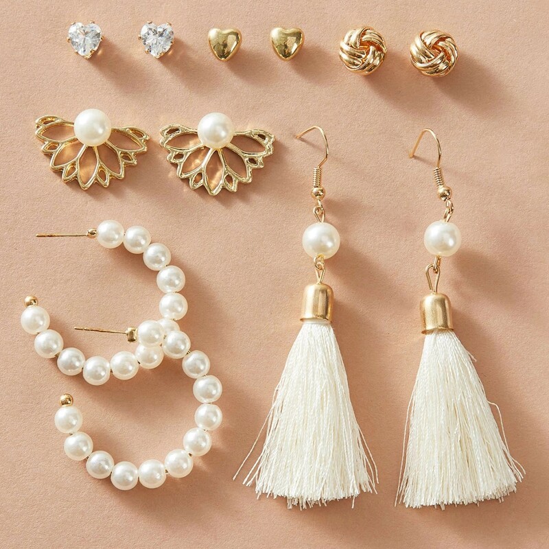 

6pairs Faux Pearl Decor Earrings, Gold