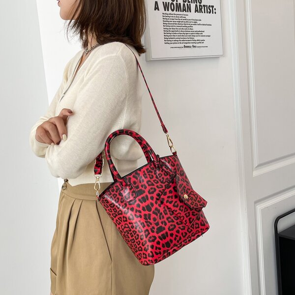 

Leopard Graphic Satchel Bag With Purse, Multicolor