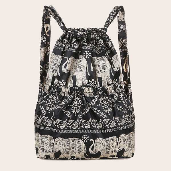 

Elephant Graphic Drawstring Backpack, Black and white