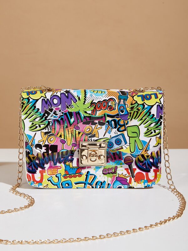 Mini Letter Graphic Push Lock Chain Bag