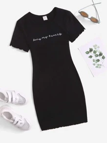 SHEIN Girls Lettuce Trim Embroidery Letter Rib-knit Dress