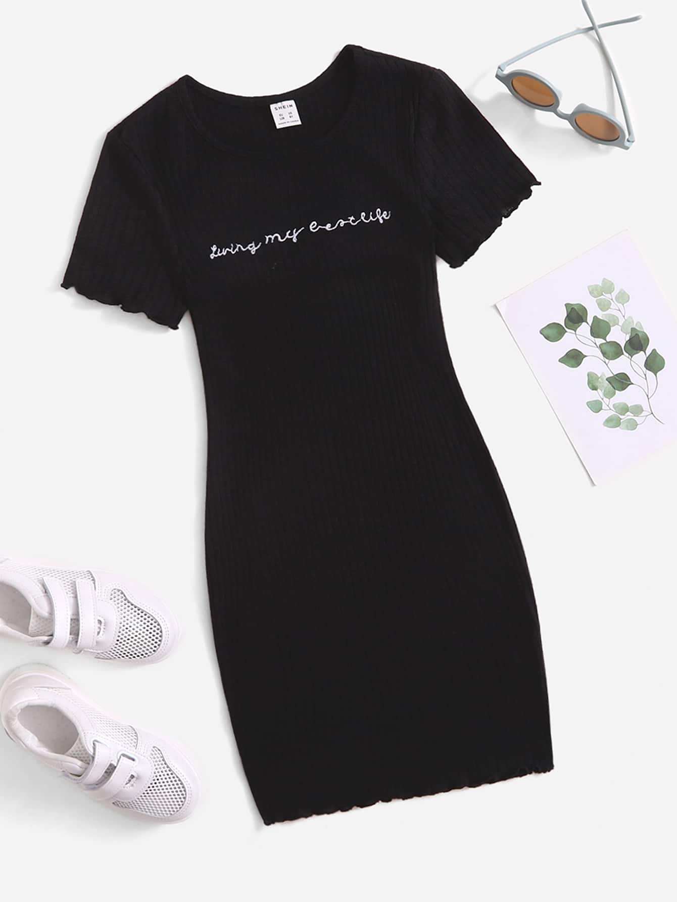 SHEIN Girls Lettuce Trim Embroidery Letter Rib-knit Dress