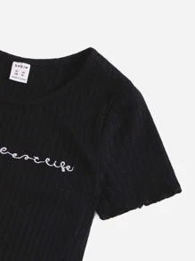 SHEIN Girls Lettuce Trim Embroidery Letter Rib-knit Dress