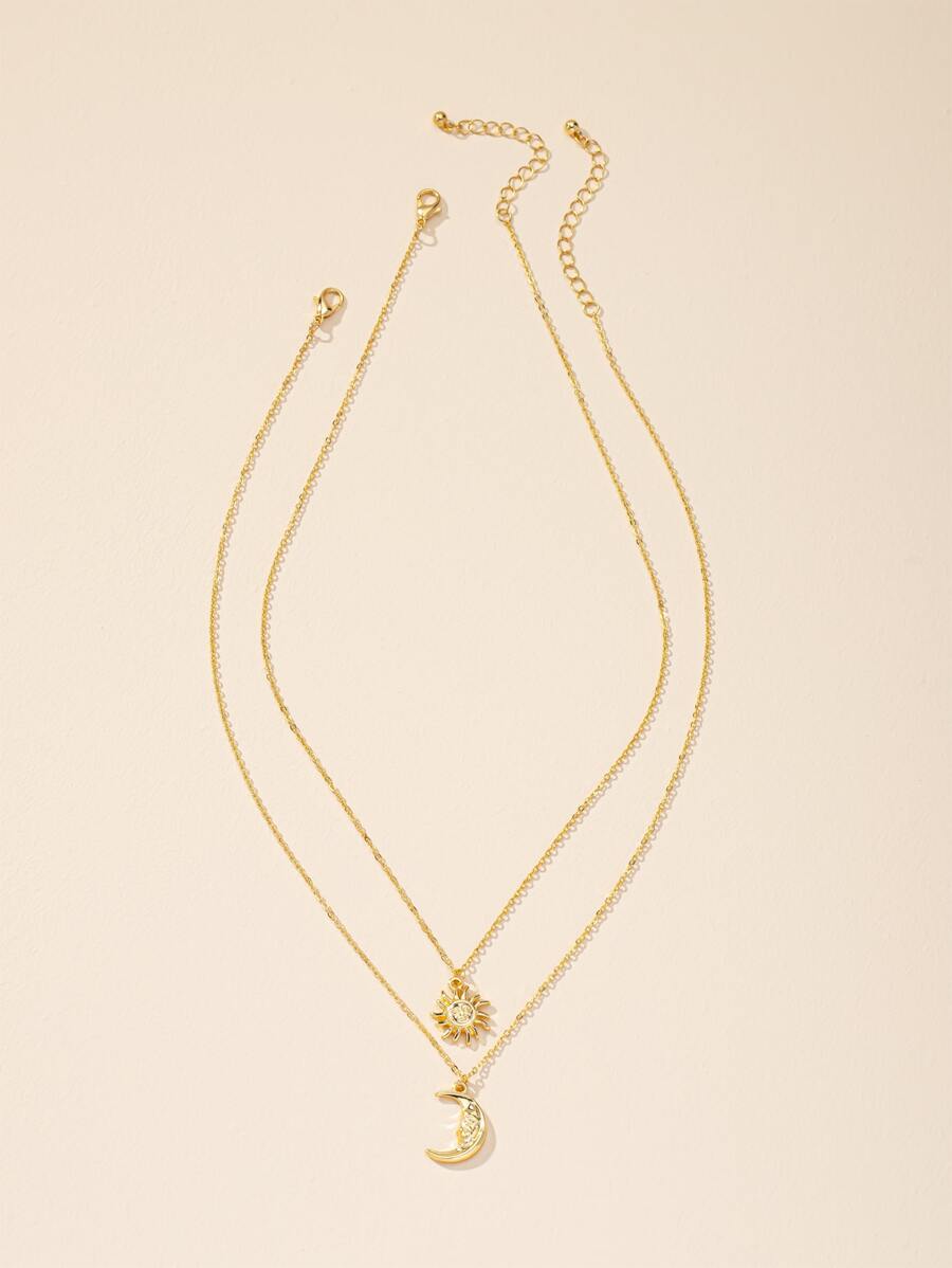 2pcs Moon & Sun Pendant Necklace - Yellow Gold - View 1