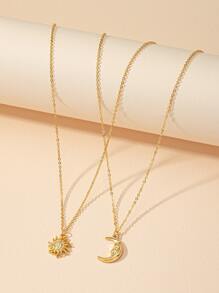 2pcs Moon & Sun Pendant Necklace - Yellow Gold - View 2