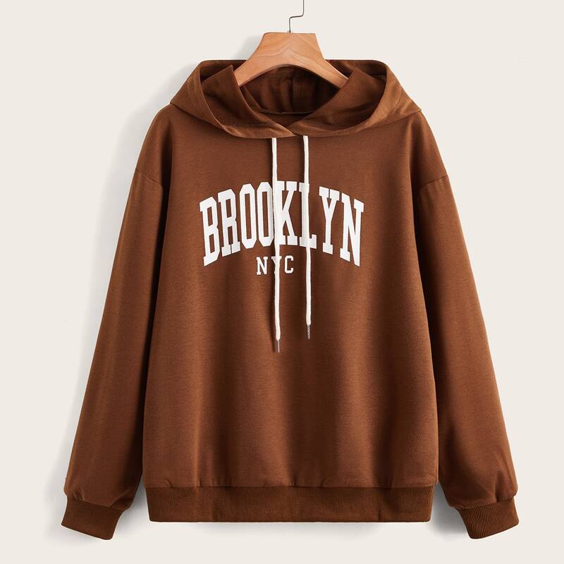 

Letter Drawstring Hoodie, Coffee brown