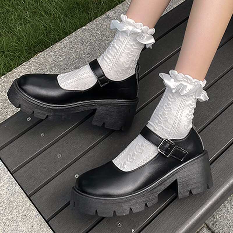

Buckle Decor Flatform Mary Janes, Black
