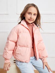 SHEIN Girls Zipper Front Puffer Jacket - Coral Pink - View 1